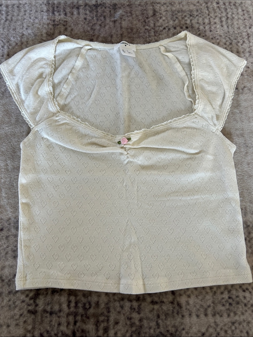 Forever 21 Cream Knit Lace-Trim Camisole with Pink Rose Accent